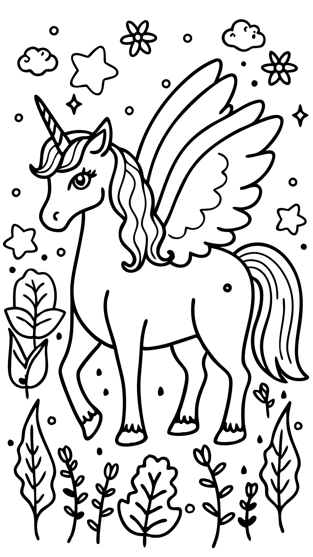 pages à colorier de licorne avec des ailes